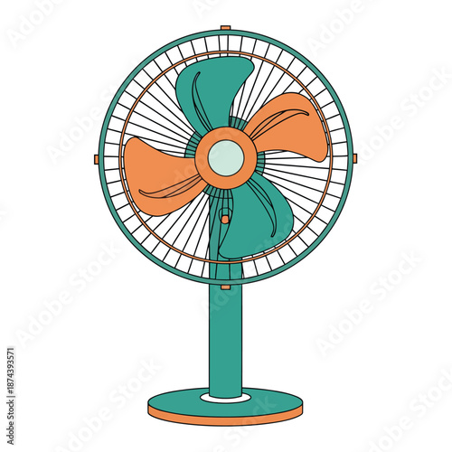 Modern desk fan with green and orange blades on a white background illustration