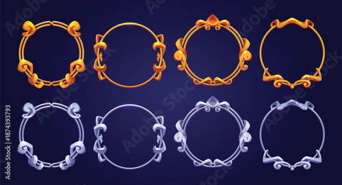 Vector fantasy game interface elements with silver gemstone frames vector
