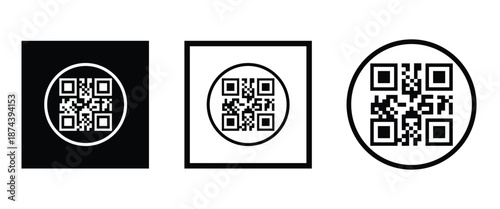 Three bold black square frames, each containing a classic black and white QR code pattern. Clean, minimalist vector design arranged horizontally on transparent background. Ideal for tech branding.