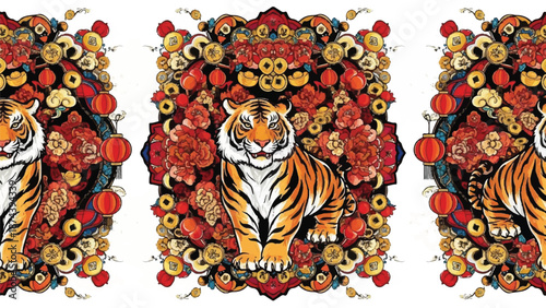 Three ornate tiger portraits surrounded by vibrant floral wreaths and colorful patterns.