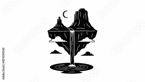 Mystical floating islands with a waterfall cascading into a serene pool under a crescent moon.
