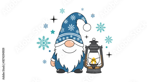 Festive Christmas gnome wearing a blue snowflake hat and holding a glowing lantern surrounded by drifting snowflakes on a white background scene.