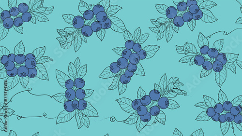 Detailed pattern of sketched blueberry clusters with leaves over a solid teal background in a dense and rhythmic arrangement for textile art.