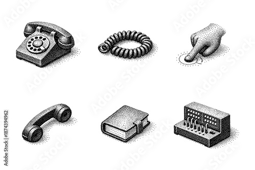 Retro halftone icons of classic phones and devices in stipple design style