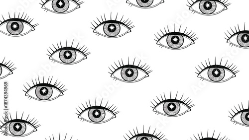 Intricate black and white eye pattern with detailed pupils and long eyelashes arranged in a seamless repetition on a white background.