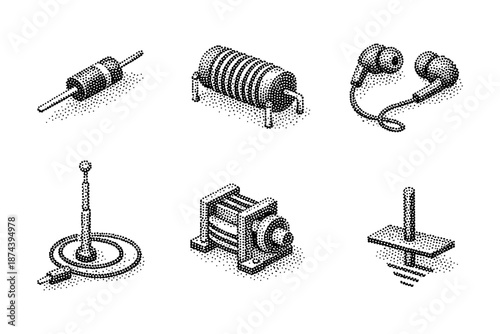 Retro halftone electronics set featuring earbuds and components