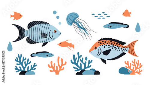 Colorful underwater scene featuring various tropical fish, a jellyfish, and vibrant coral reefs isolated on a clean white background.