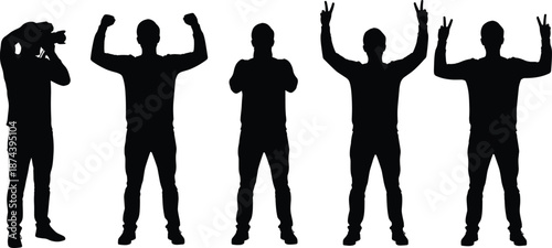 Men silhouette poses, victory and celebration gestures, confident male figures showing strength signs, positive emotions, black silhouettes, isolated on white background