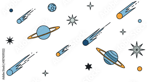 Minimalist space themed pattern or set with planets, shooting stars, and twinkling cosmic shapes on a plain white background for design.