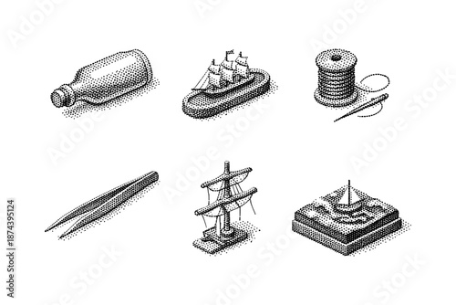 Vintage nautical dotwork icons featuring anchor, ship, and sea elements