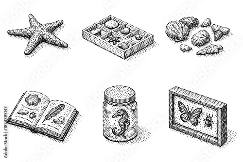 Vintage dotwork collection: sea life and natural wonders in pointillism