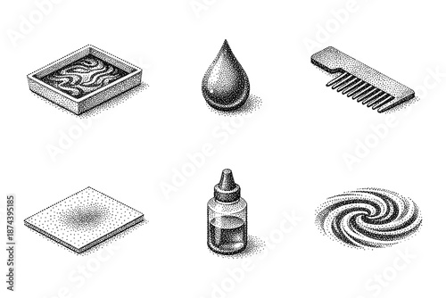 Modern isometric halftone style icons: comb, drop, oil bottle, swirl, tile, and soap