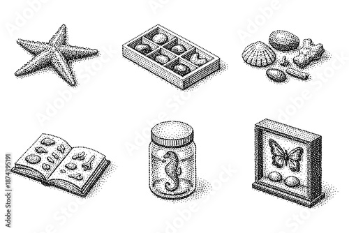 Detailed dotwork of marine-themed natural history collection in halftone style