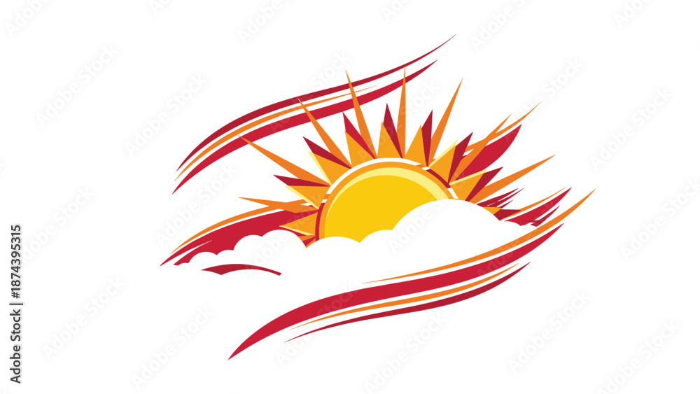 Obraz premium Graphic illustration of a bright yellow sun rising behind soft white clouds with dynamic red and yellow swoosh lines representing morning energy.