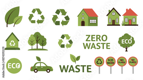 Comprehensive set of green environmental icons promoting zero waste, recycling, eco-friendly living, and nature conservation efforts for the earth.