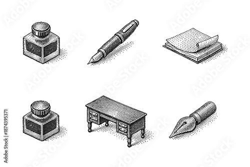 Vintage isometric pen and desk set with ink bottles and notebooks