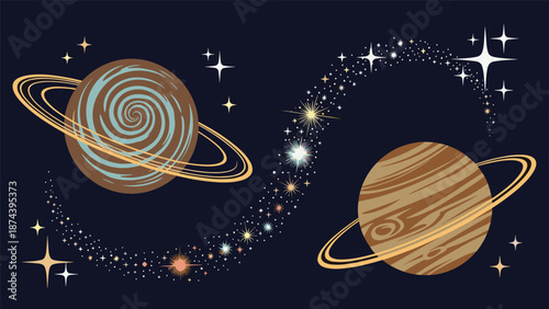 Beautiful space scene featuring two large ringed planets connected by a swirling trail of distant bright stars and cosmic dust in a deep galaxy.