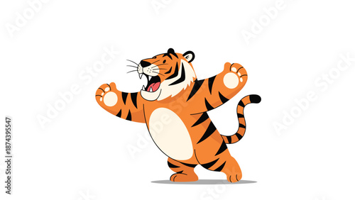 Fierce cartoon tiger standing on two legs with its mouth wide open in a loud roar and sharp claws ready for action against a white background.