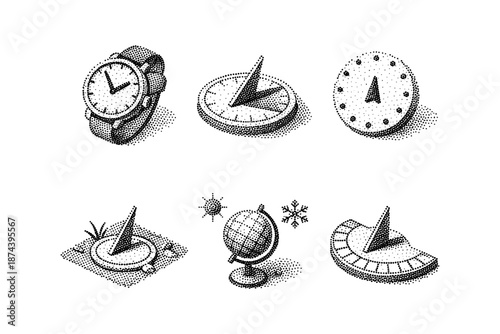 Retro dot art collection of timekeeping and navigation instruments