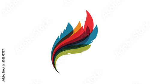Stylized flame or feather shape made of overlapping translucent layers in red, yellow, green, and blue on a plain white background for a logo.
