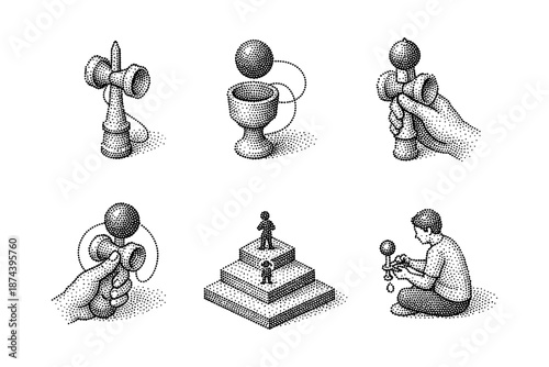 Detailed dot kendama artistry with hands and playful scenes in stipple technique