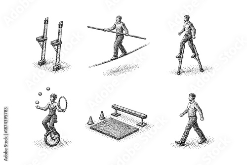 Isometric set of circus activities and props in halftone style