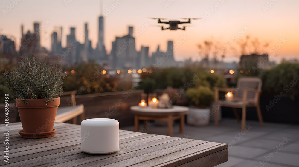 Fototapeta premium Drone flies over a rooftop patio with city skyline at sunset
