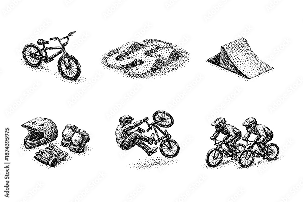 Fototapeta premium Bmx stipple art: biking elements with unique dotwork style