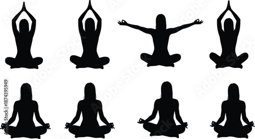 Yoga meditation silhouettes, peaceful female poses in lotus position, mindfulness and relaxation practice, black wellness figures, isolated on white background