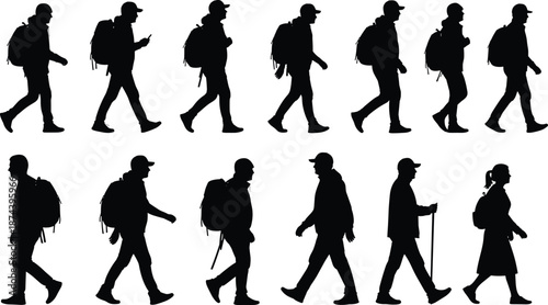 Hiking traveler silhouettes collection, backpacker walking side view poses with gear, outdoor adventure journey trekking lifestyle concept, black human 