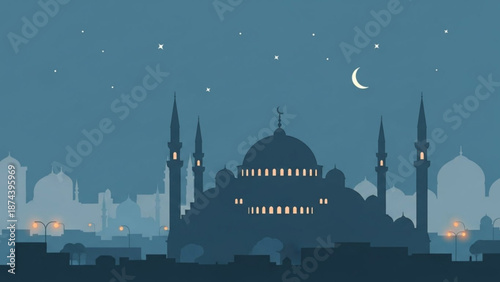 A serene vector illustration of a mosque at night with a crescent moon shining brightly