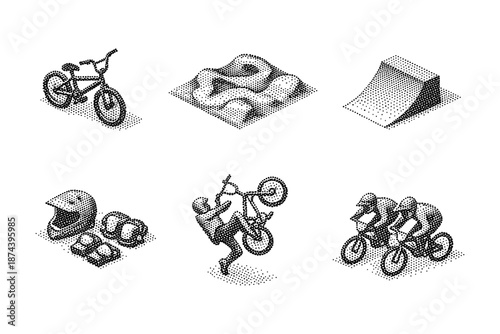 Bmx stunts and equipment in halftone style featuring ramps and helmets