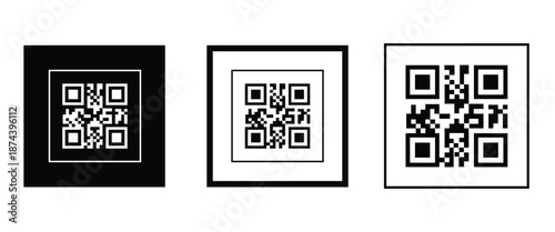 Three bold black square frames, each containing a classic black and white QR code pattern. Clean, minimalist vector design arranged horizontally on transparent background. Ideal for tech branding.