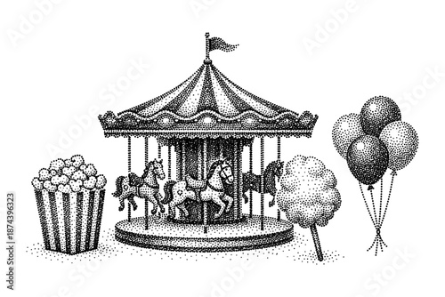 Vintage carousel ride with popcorn, balloons, and cotton candy in classic dotwork style