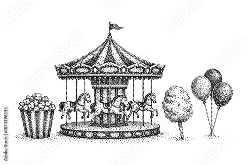 Vintage carnival scene with carousel, popcorn, and balloons in stippling style