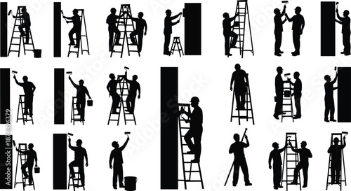 Industrial, workers, silhouettes, ladder, painting, wall, construction, maintenance, teamwork, safety, labor, renovation, job, activity, people, black, vector, illustration, set, concept