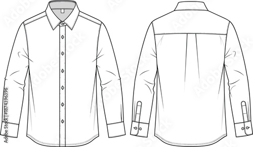 Long sleeve button down shirt technical fashion illustration front and back view, cad drawing flat vector for apparel design