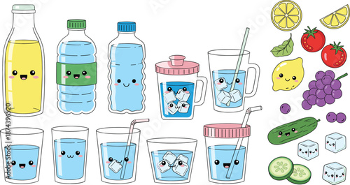 Cute cartoon drink and water illustration set with bottles glasses ice cubes and fresh fruits vector