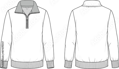 Long sleeve quarter zip sweatshirt technical fashion illustration front and back view, cad drawing flat vector for apparel design
