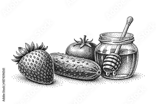 Dotwork still life with strawberry, cucumber, tomato, and honey jar