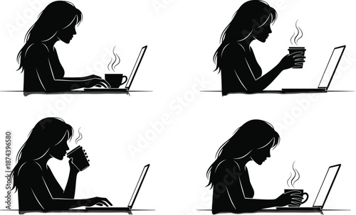 Woman working on laptop silhouette sequence showing coffee break moments, typing and drinking at desk isolated on white background