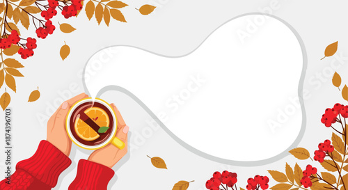 Cozy Autumn Beverage with Orange and Cinnamon Accompanied by Berries and Leaves a Perfect Scene for a Seasonal Greeting or Advertisement