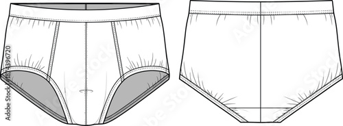 Men briefs underwear technical sketch, front and back view, basic intimate apparel template, garment design, cad drawing flat vector