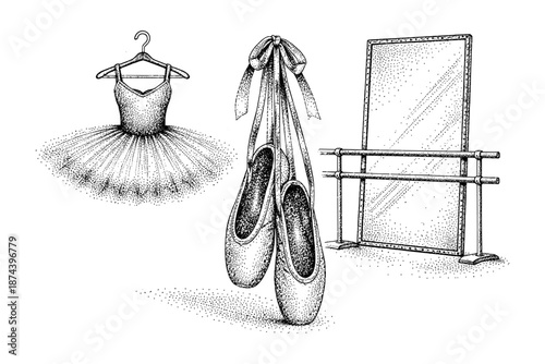 Elegant ballet scene with tutu, pointe shoes, and mirror in dot art style