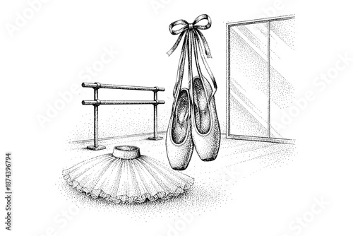 Intricate ballet pointe shoes with tutu in dotwork style by dance barre and mirror