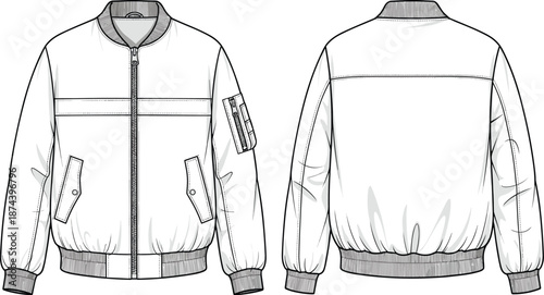 Men bomber jacket technical sketch, front and back view, casual outerwear fashion apparel template, garment design, cad drawing flat vector