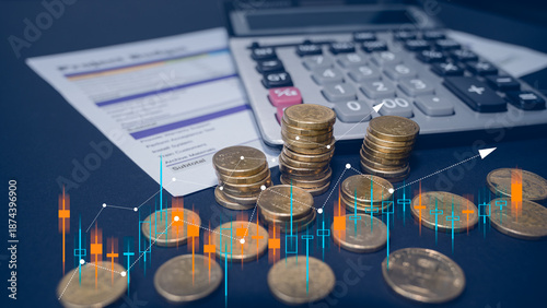 Financial planning analysis with calculator chart and coins, Economy, finance and investment background. Coins and calculator with financial graph growth of return or profit