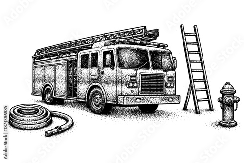 Vintage firetruck with ladder, hose, and hydrant in detailed stipple style