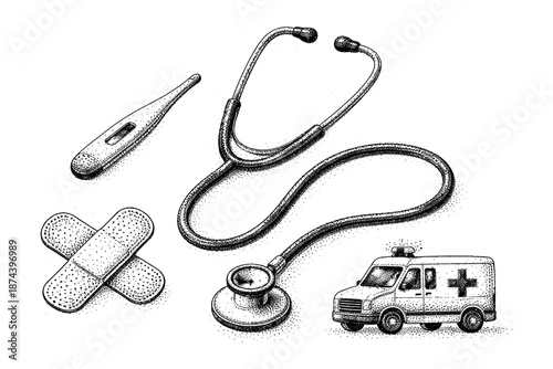 Detailed medical tools and ambulance in stippled art style