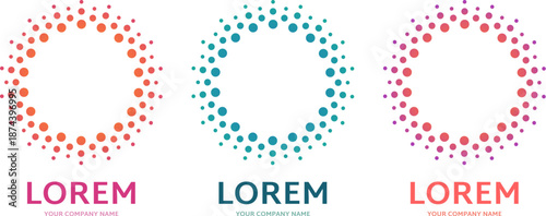 A round logo concept. Abstract creative templates for business, pharmacology, medicine in different colours. A circle consisting of dots. A stylish design element or a frame, spherical icon shape